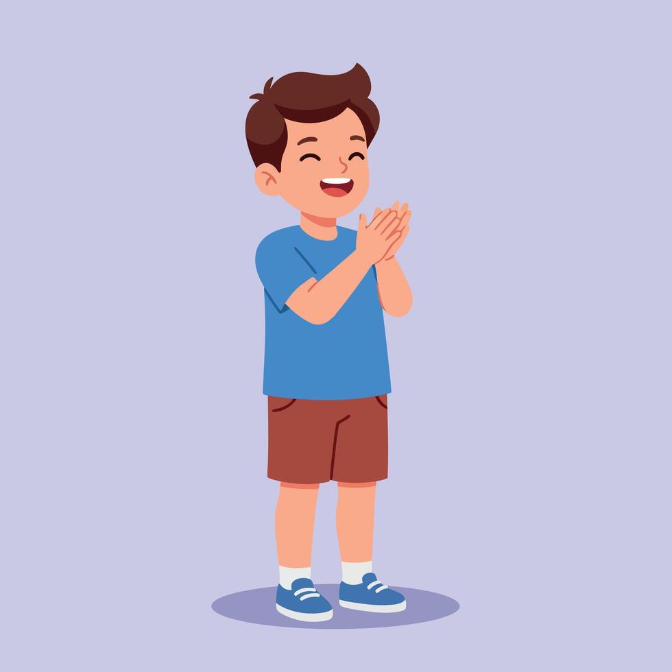 Happy young boy clapping joyfully while standing on a light purple background in a flat illustration style vector