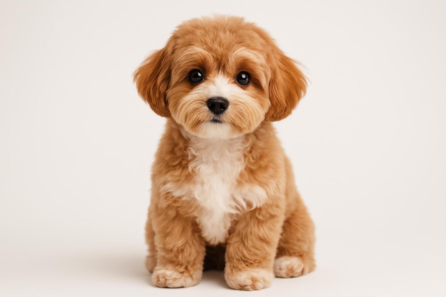 Cute Fluffy Dog Sitting Calmly on a Plain Background in a Studio Setting photo