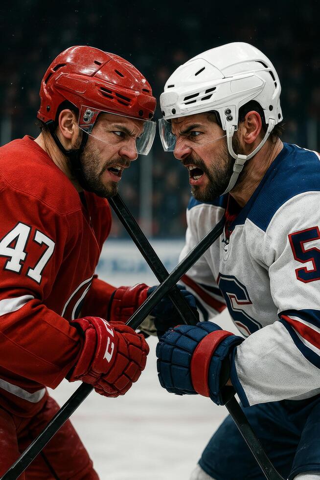 Intense Hockey Players Battling for Puck Control During a Competitive Match in a Packed Arena photo
