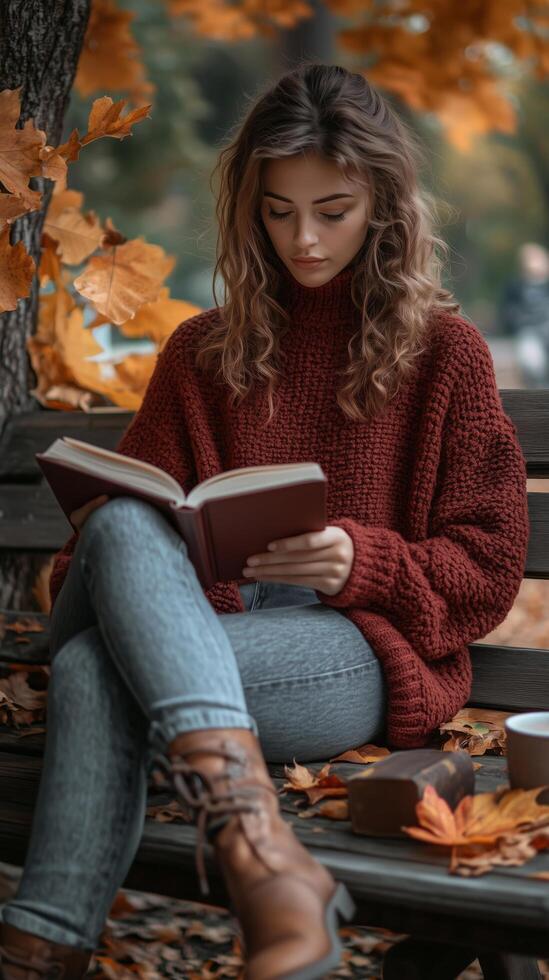 Enjoying a Cozy Reading Time in Autumn at a Park With Vibrant Foliage photo
