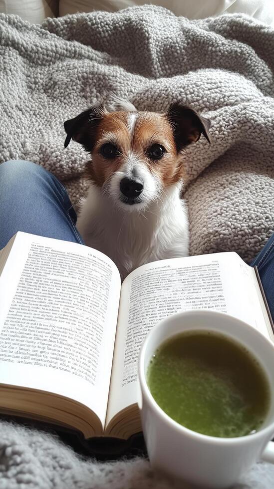 Cozy Afternoon With a Book, Dog, and a Warm Cup of Tea in a Comfortable Living Space photo