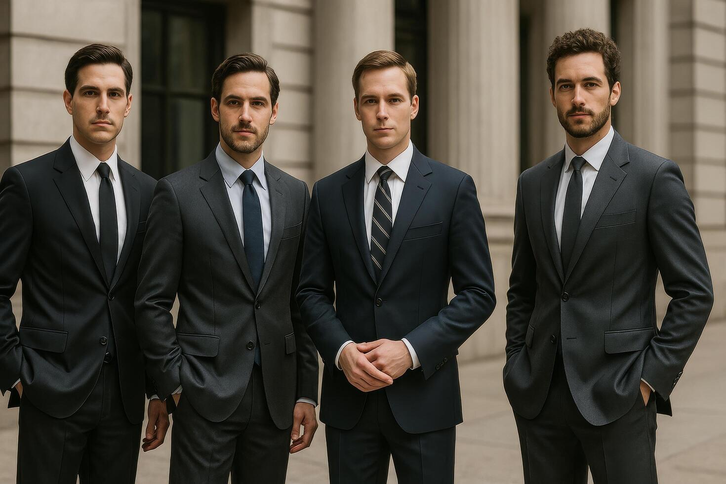 Professional Men Posing in Suits Outside a Historic Building During Daylight photo