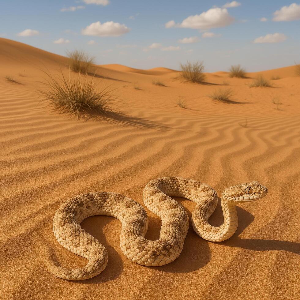 Desert Snake Resting on Warm Golden Sands Under a Blue Sky With Fluffy Clouds photo