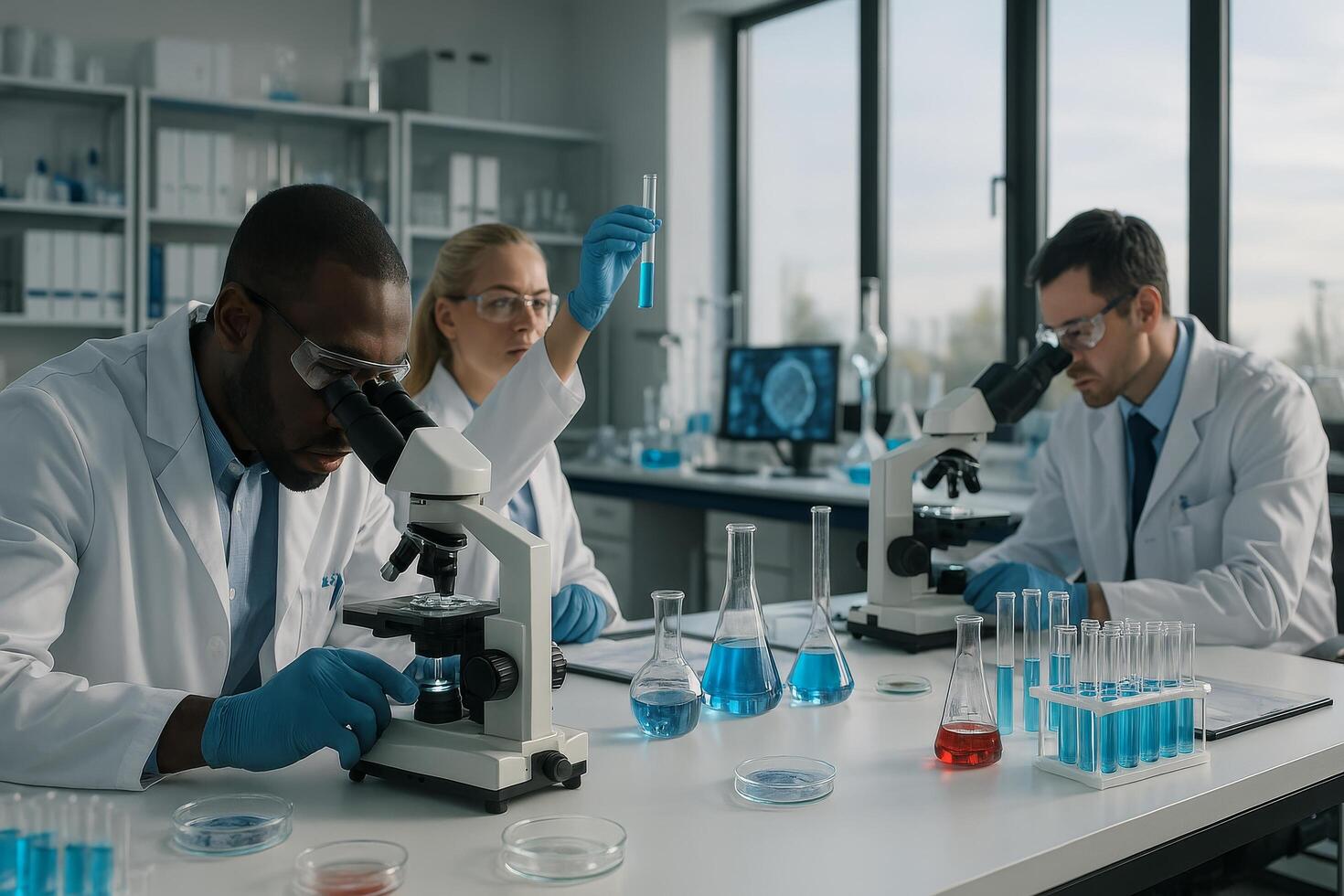 Scientists Conducting Research in Laboratory Using Microscopes and Glassware During Daylight Hours photo