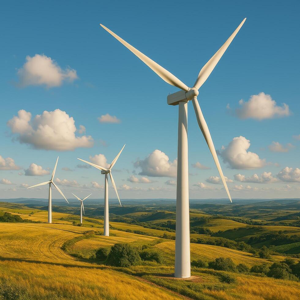 Wind Turbines on Rolling Hills Under a Blue Sky With Fluffy Clouds photo