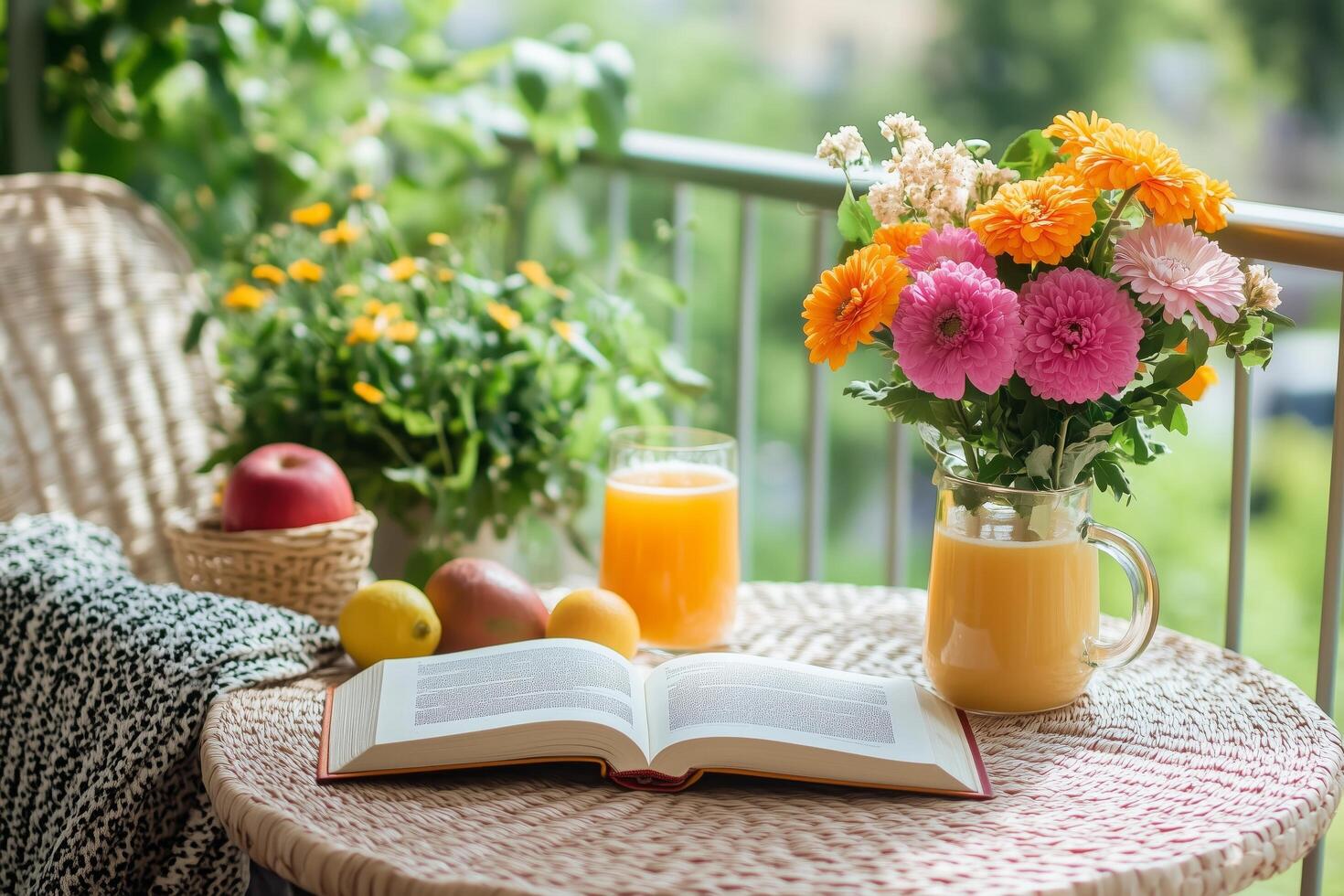 Enjoying a Sunny Morning on the Balcony With Fresh Juice, Flowers, and a Good Book photo