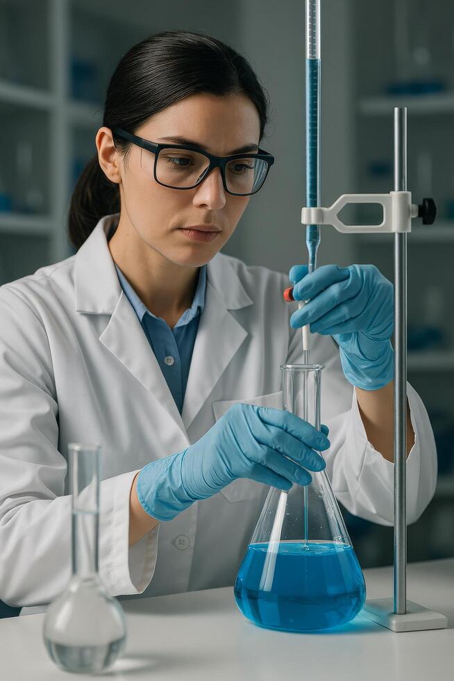 Scientist Conducts Experiment in Laboratory With Blue Liquid in Glassware and Precise Equipment photo
