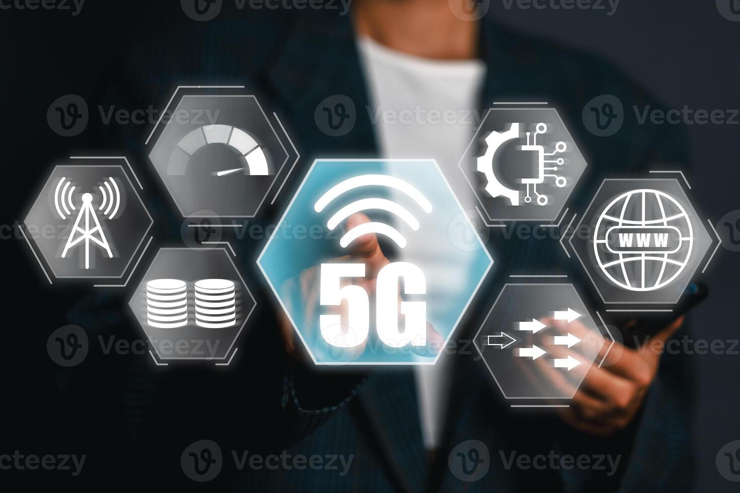 Visual representation of 5G technology with digital icons symbolizing connectivity, speed, and modern communication advancements. photo