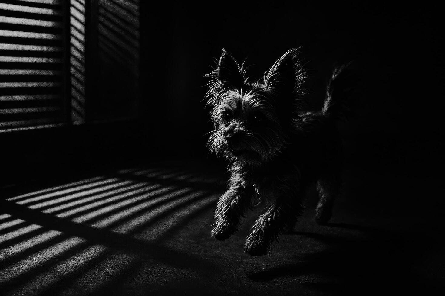Dog Jumping in Low Light With Shadow Patterns Creating a Dramatic Effect on the Floor photo