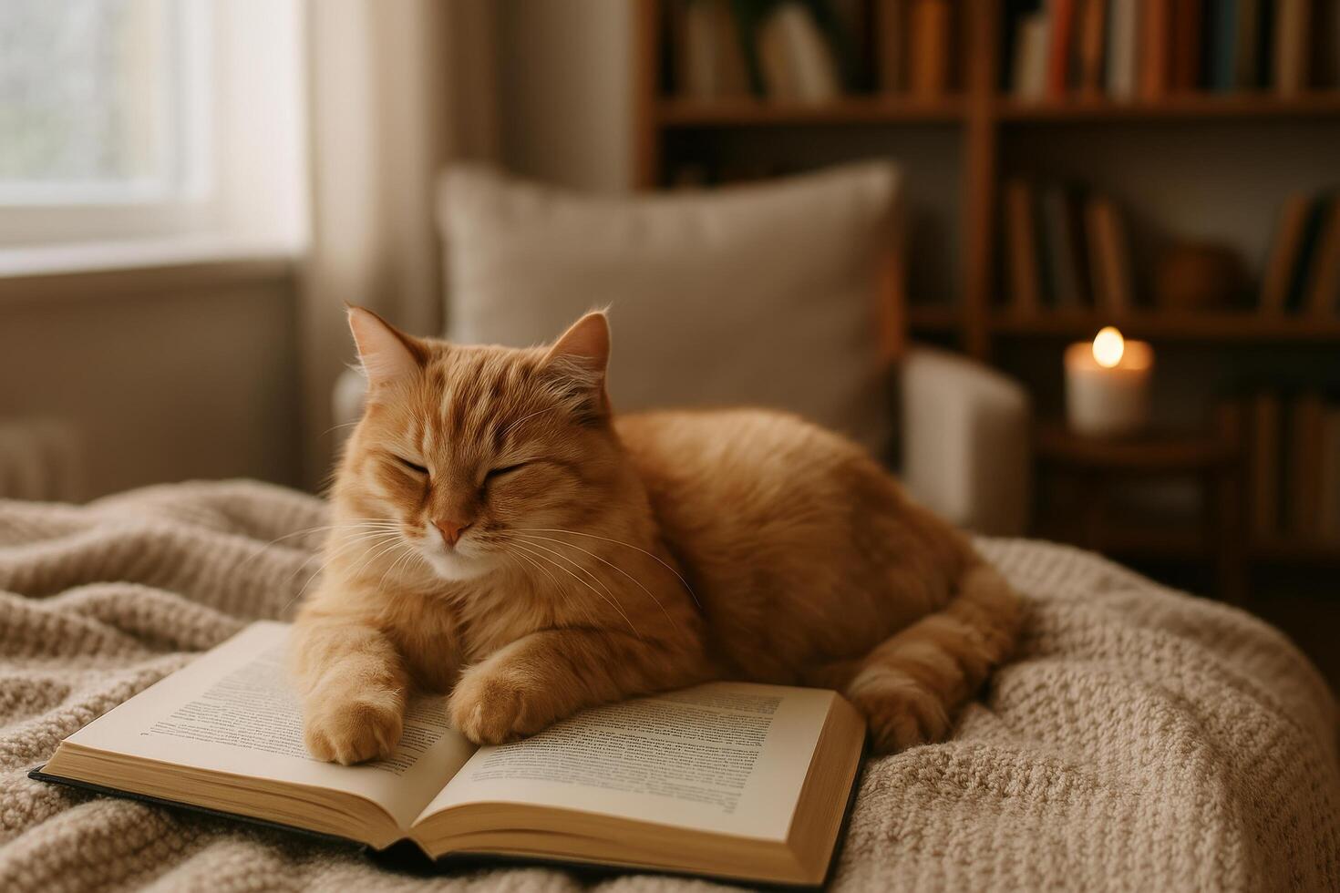 Cozy Orange Cat Resting on an Open Book in a Warm Room With Soft Lighting photo