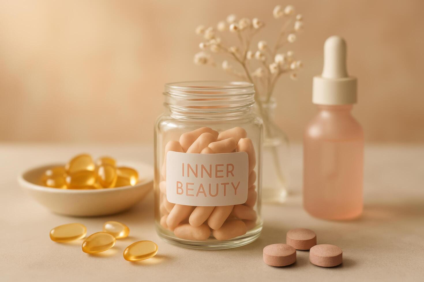 Wellness Products Arranged on a Light Background Showcasing Inner Beauty Supplements and Oils photo