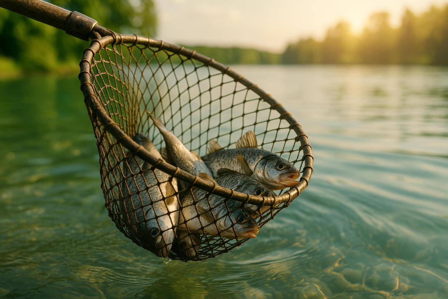 Caught Fish Displayed in a Fishing Net on a Tranquil Lake During Sunset photo