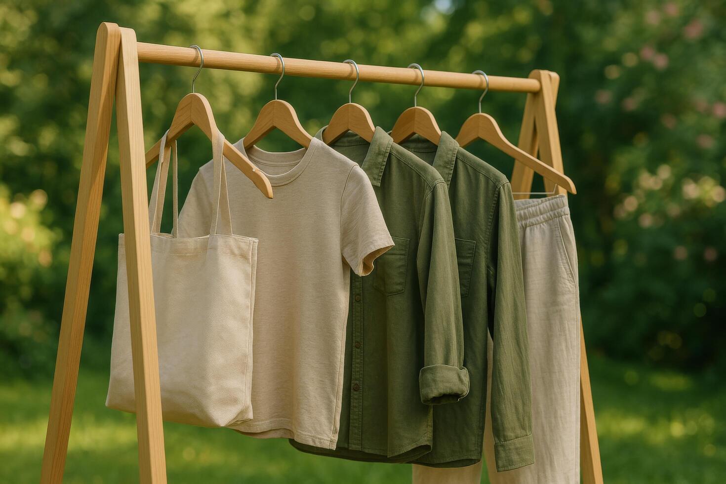 Stylish Clothing Display on Wooden Rack in Sunny Outdoor Park Setting Showcasing Green and Neutral Tones photo