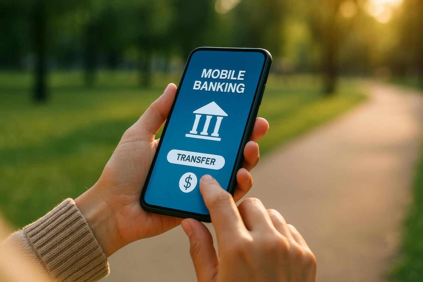 User Performs Mobile Banking Transaction in the Park During Golden Hour photo