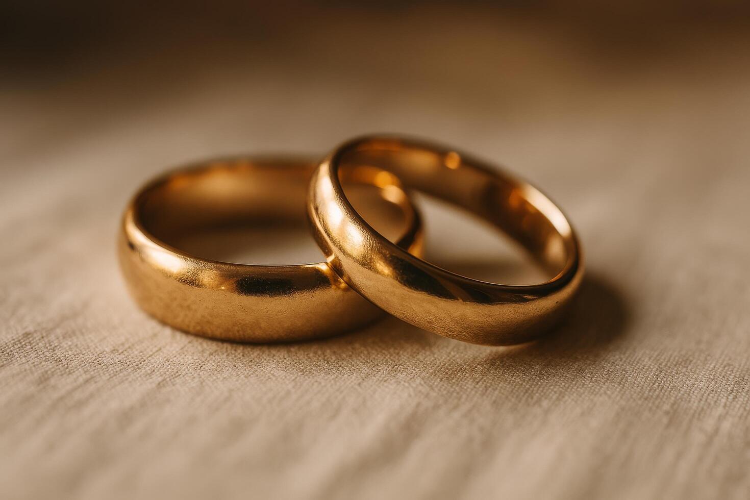 Beautiful Gold Wedding Bands Resting on a Soft Fabric Background in Warm Light photo