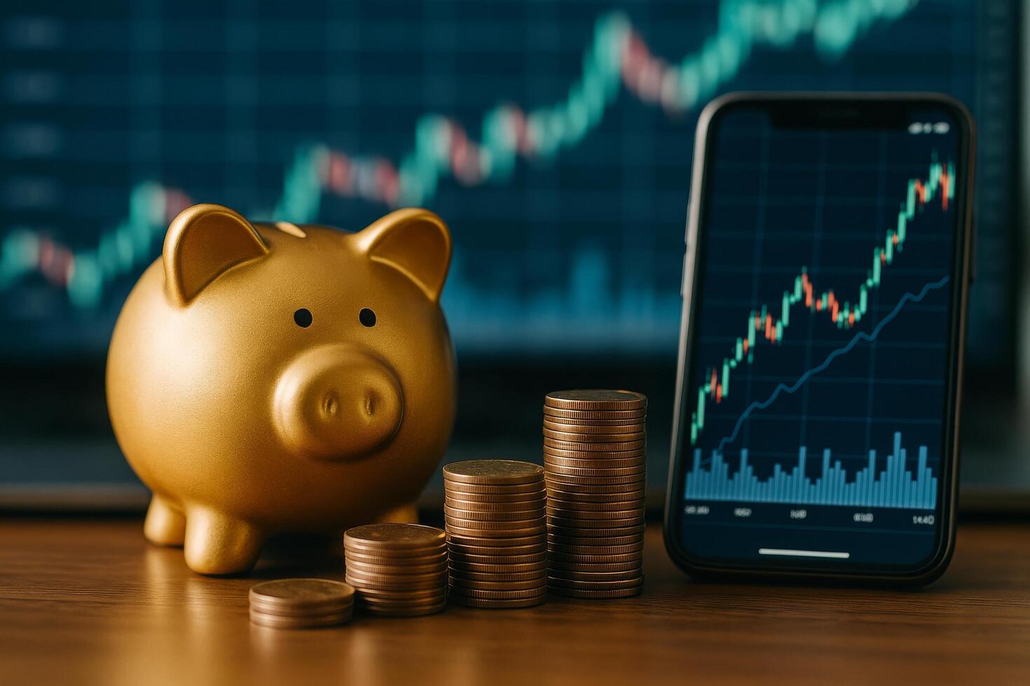 Golden Piggy Bank and Smartphone With Growing Stock Chart on Wooden Table at Financial Office photo
