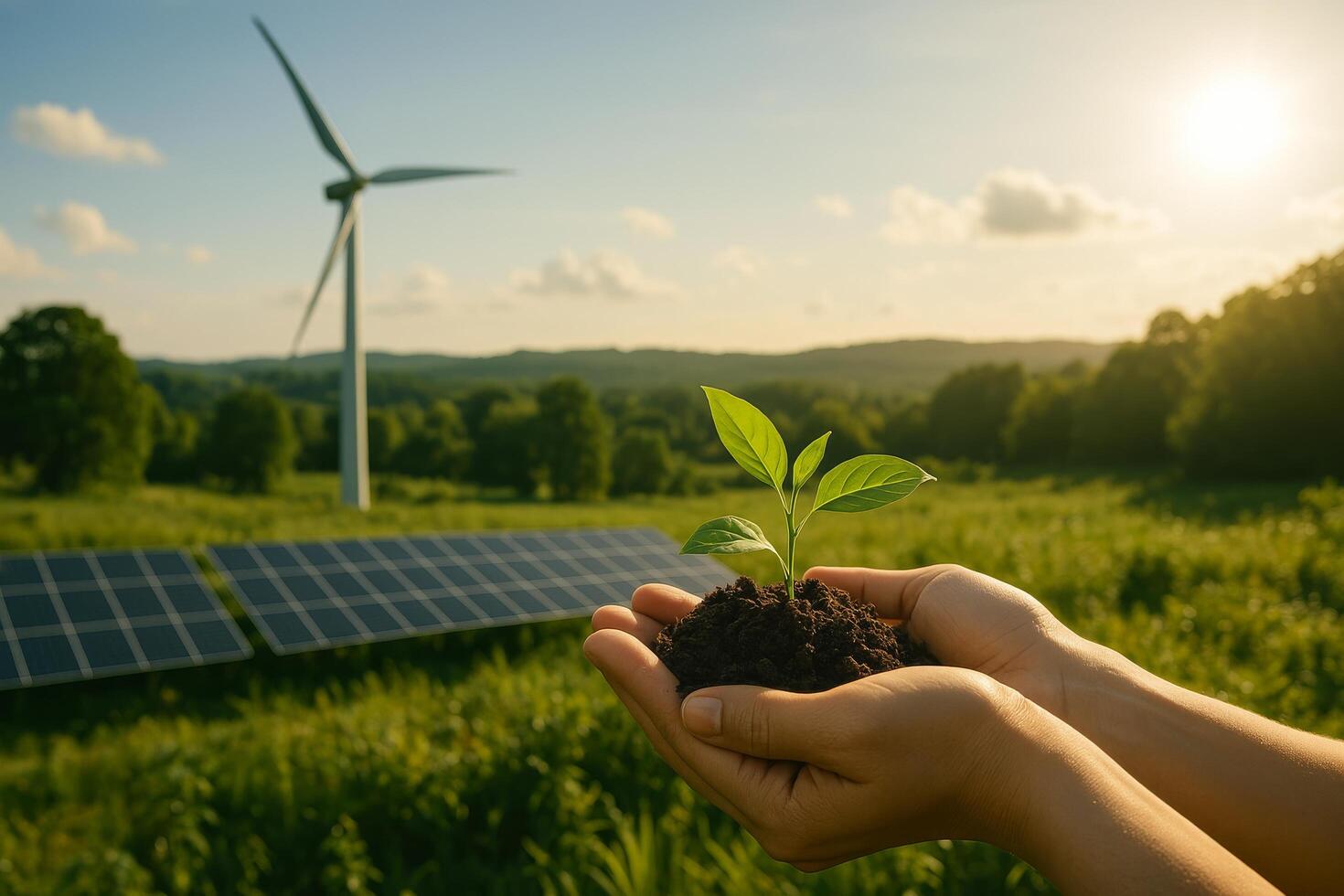 Hands Holding a Small Plant With Solar Panels and Wind Turbines in a Green Landscape at Sunset photo