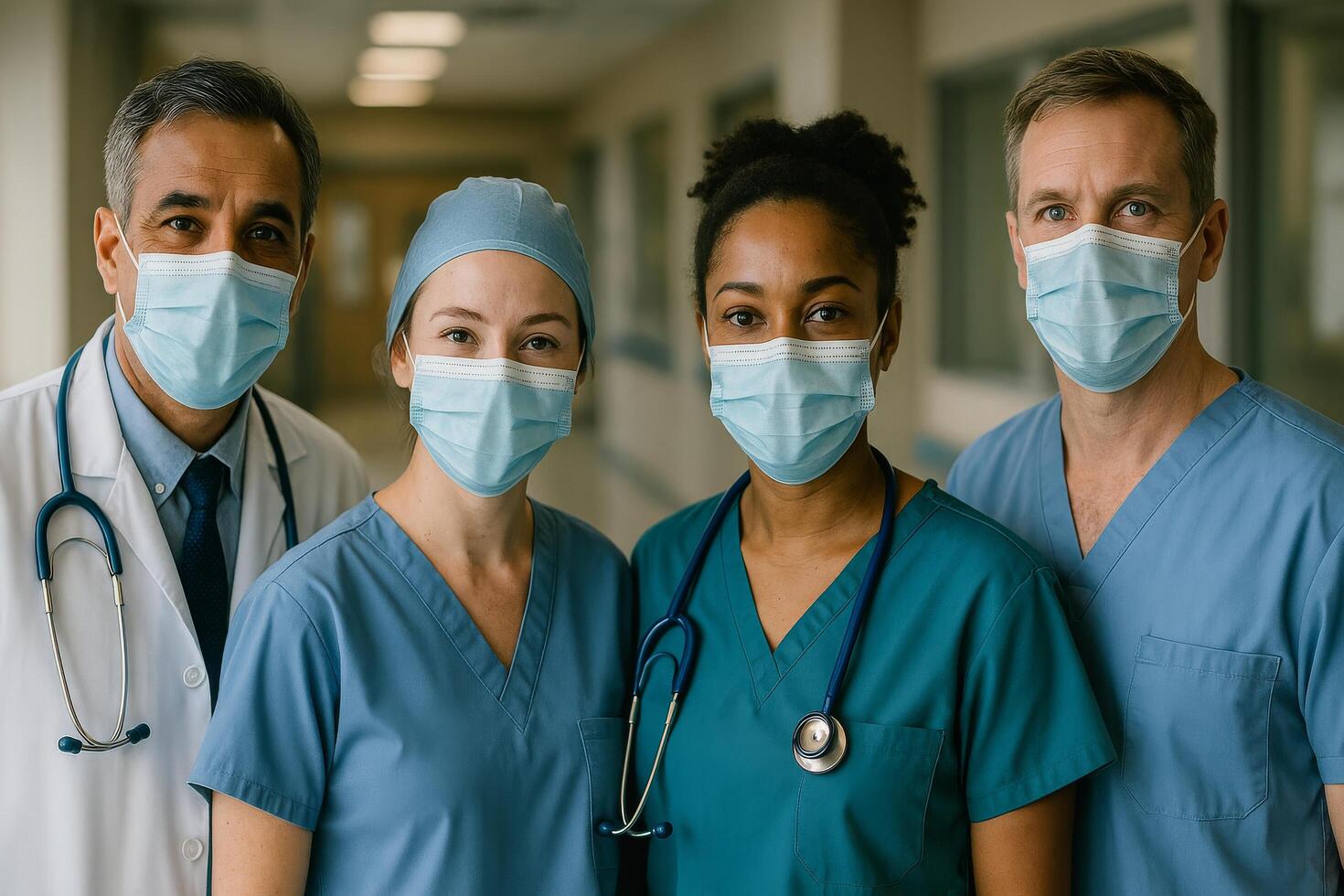 Healthcare Professionals Collaborating in a Hospital Corridor During a Routine Shift photo