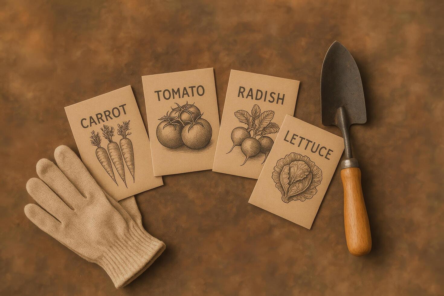 Seed Packets for Vegetable Gardening With Gardening Tools on a Wooden Surface photo