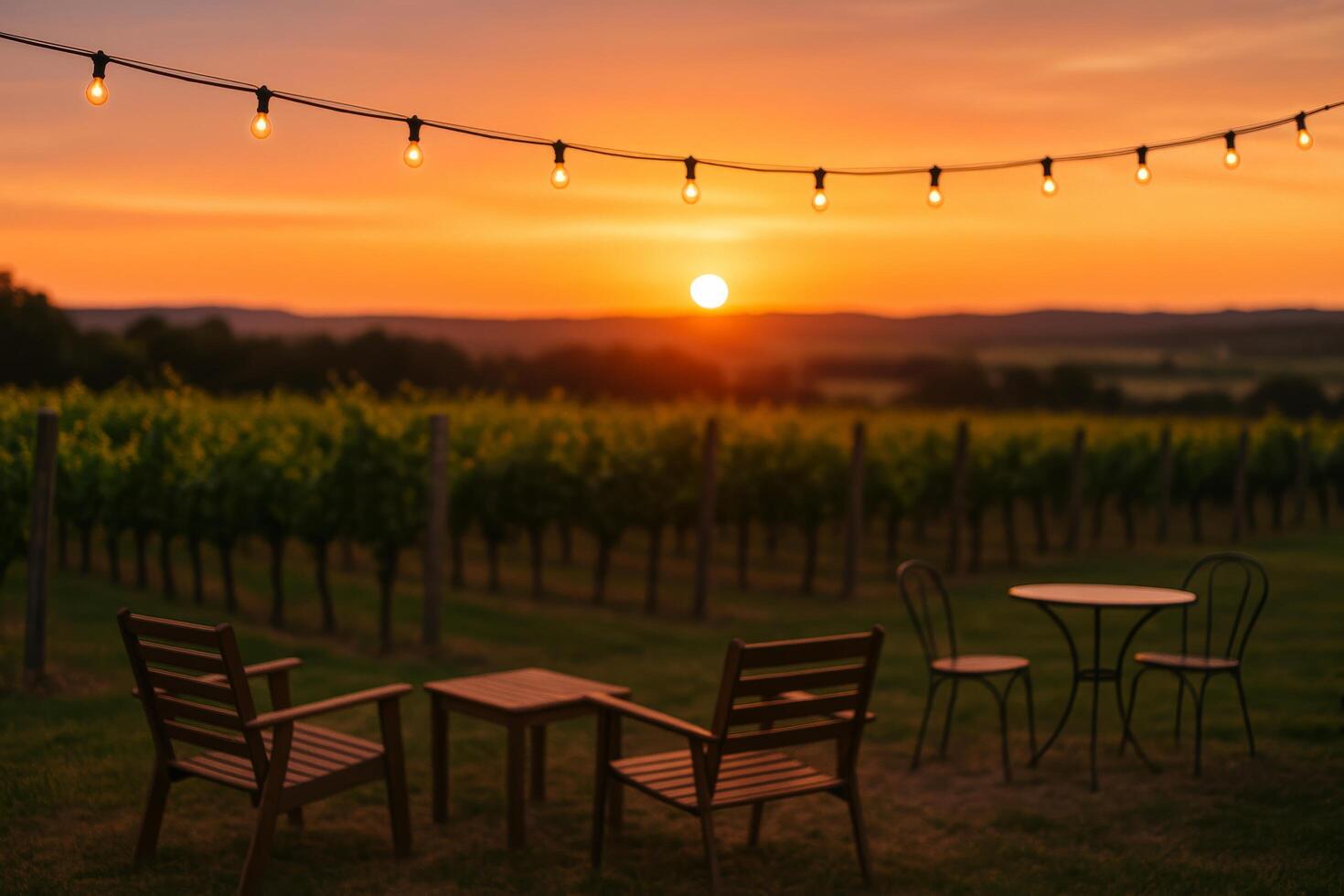 Relaxing Sunset View Over Vineyard With Outdoor Seating and Warm String Lights photo
