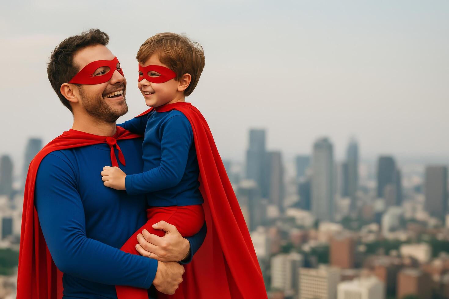 Father and Son Dressed as Superheroes Enjoy a Playful Moment in the City Skyline photo