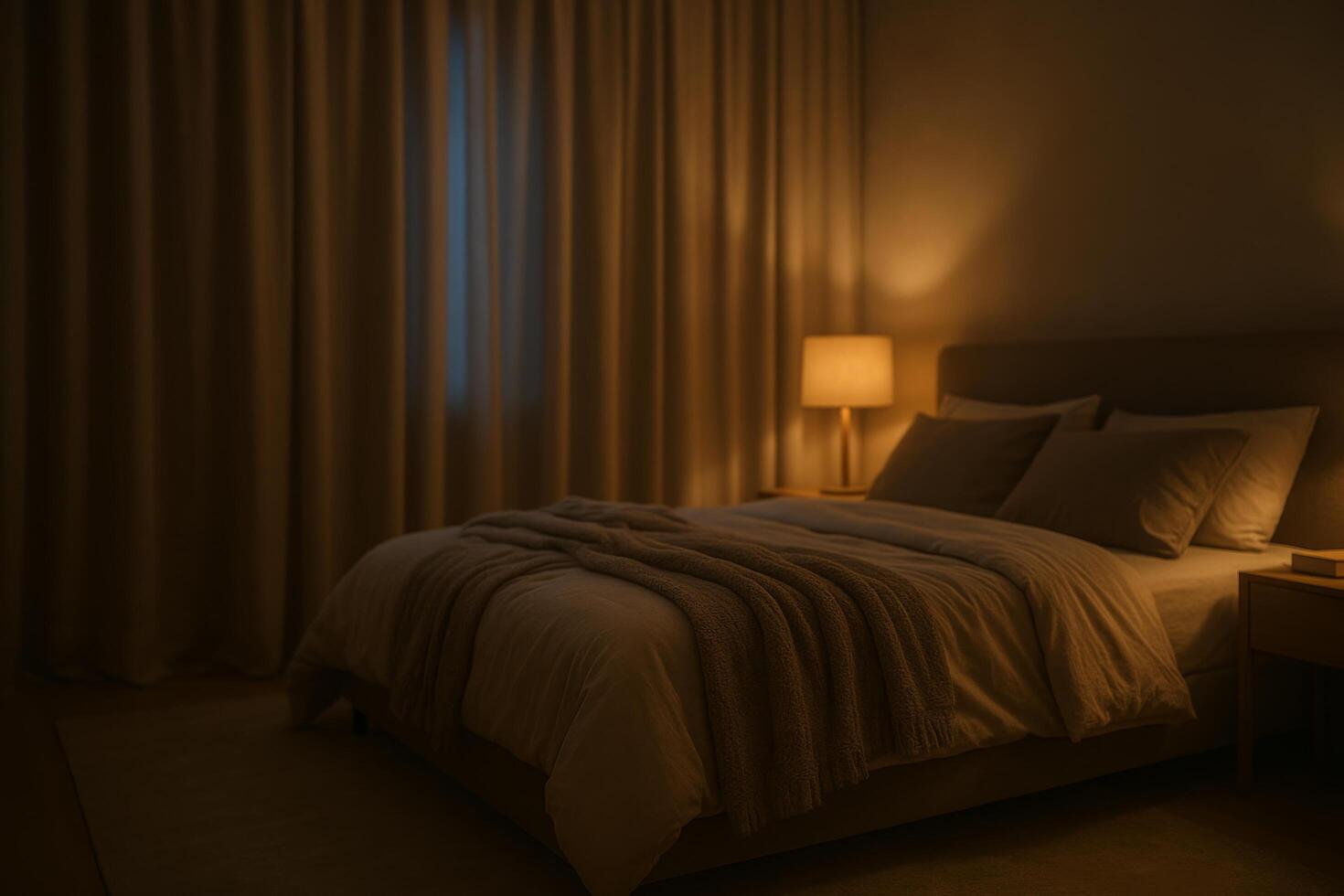 Cozy Bedroom With Warm Lighting and Soft Textures for Relaxation and Comfort photo