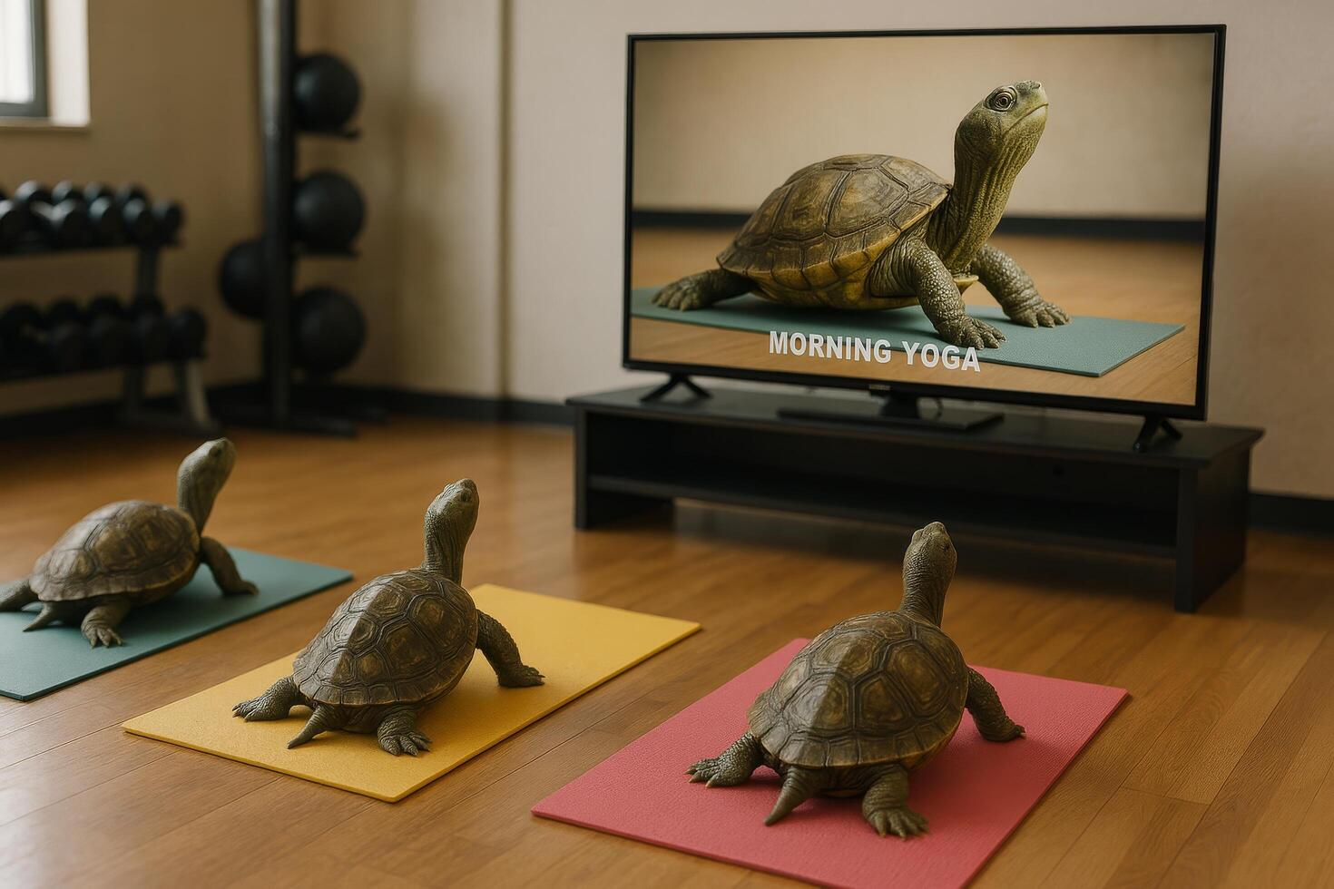 Turtles Practicing Morning Yoga in Fitness Studio With Instructor on Screen photo