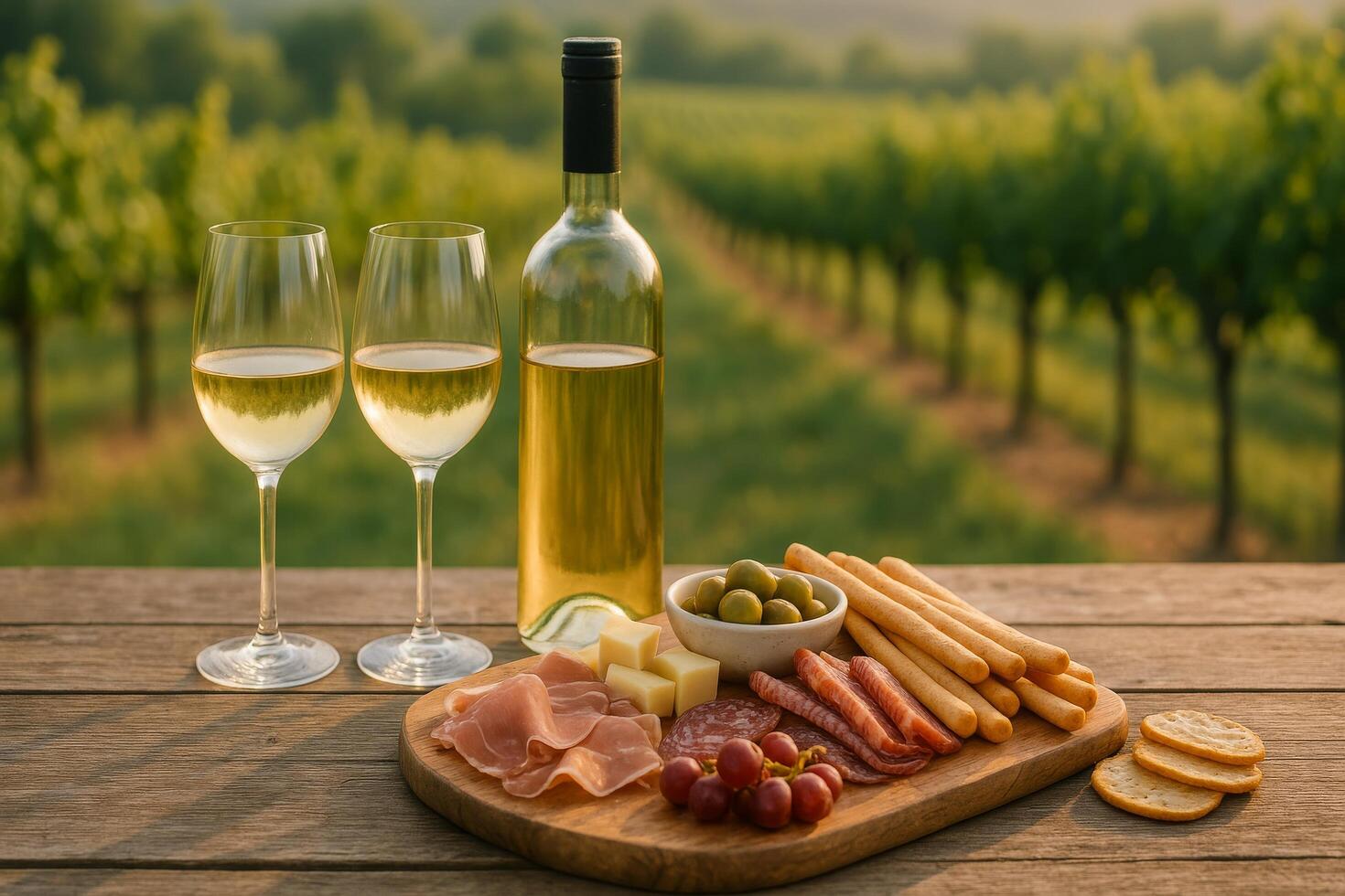 Enjoying Wine and Charcuterie in a Vineyard at Golden Hour With Views of Lush Grapevines photo
