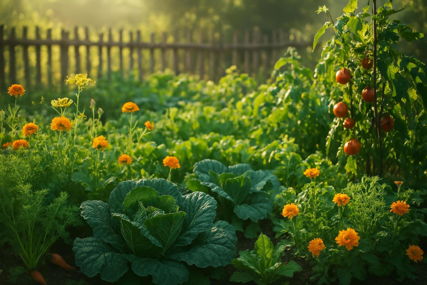 Fresh Vegetable and Flower Garden at Sunrise in a Rural Setting With a Wooden Fence photo