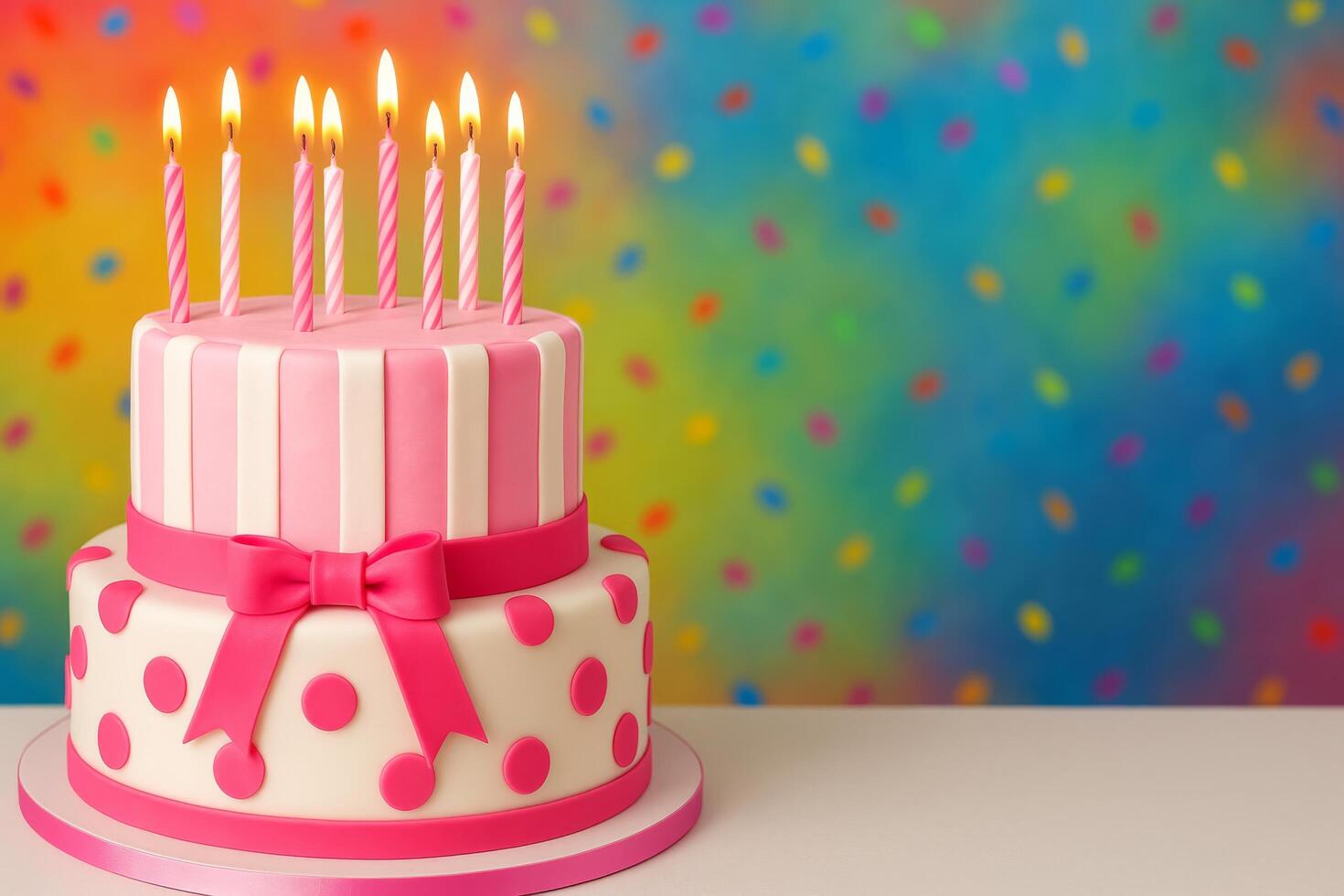 Colorful Birthday Cake With Candles and Festive Background Filled With Confetti photo