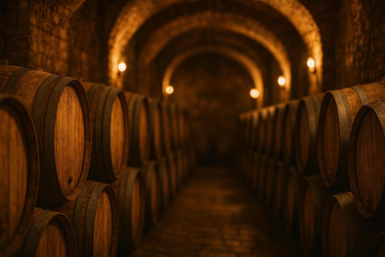 Barrels Arranged in a Dimly Lit Wine Cellar Exuding a Rustic Charm and Inviting Atmosphere for Enthusiasts photo