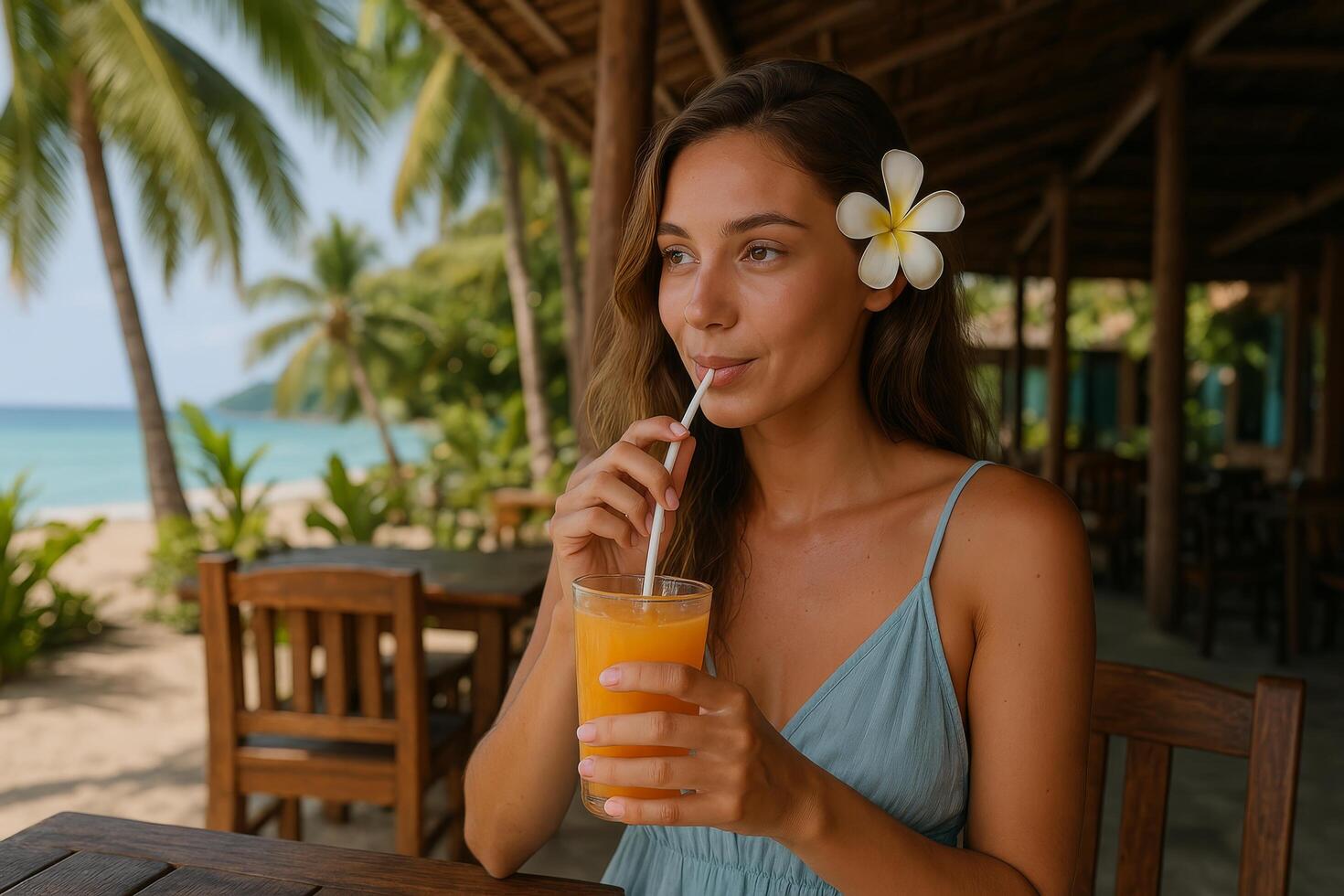 Enjoying a Refreshing Drink on a Beachside Terrace in a Tropical Paradise photo