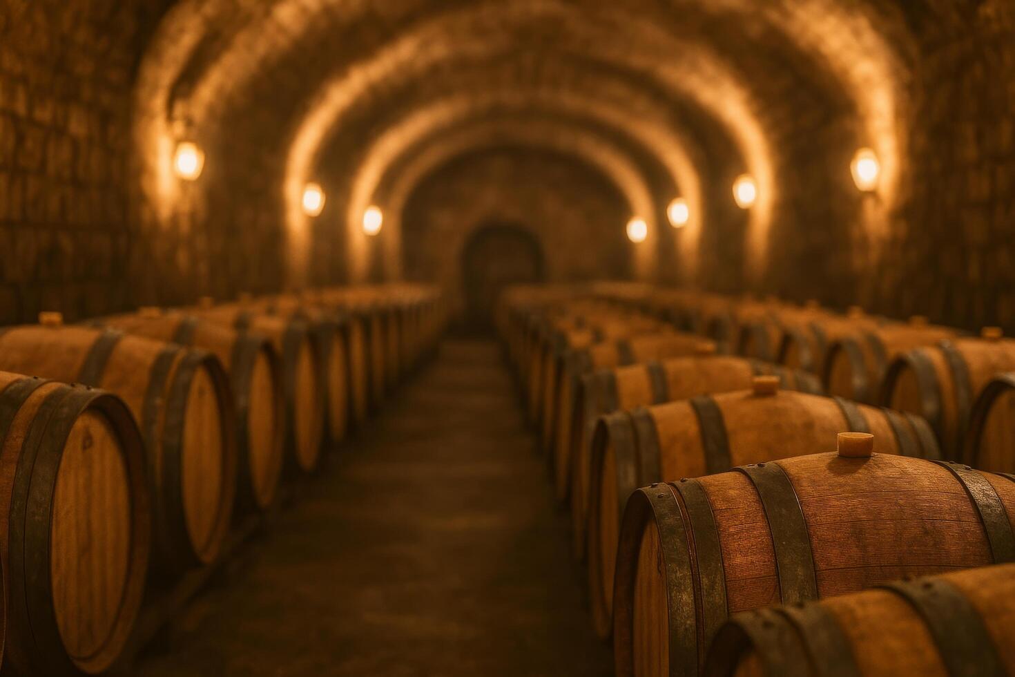 Explore a Rustic Wine Cellar With Wooden Barrels Lining the Dimly Lit Corridor photo