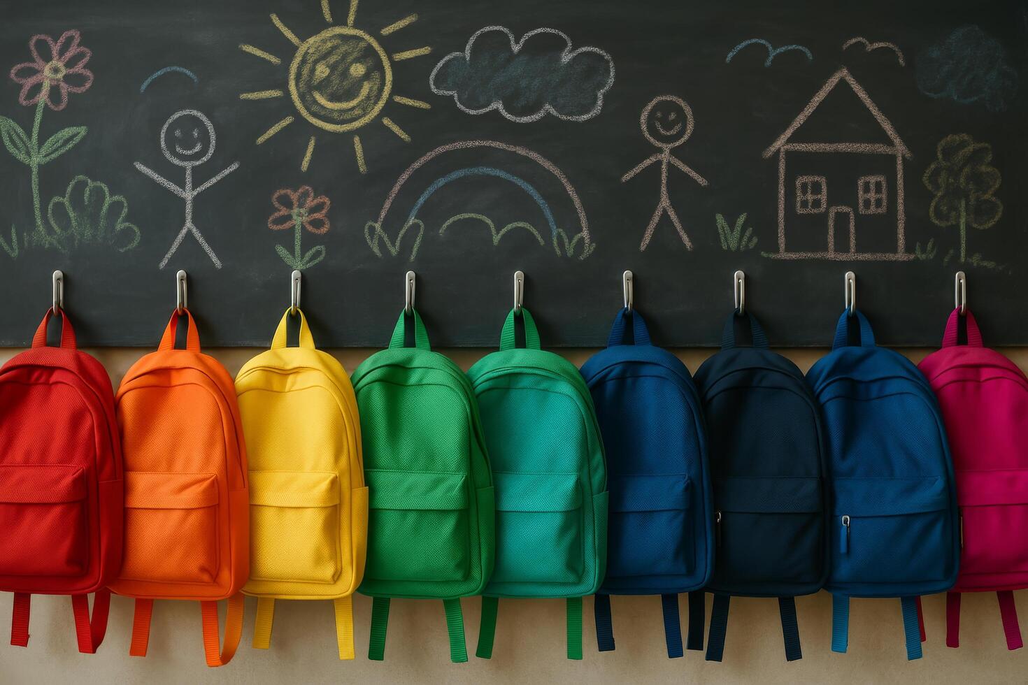 Colorful Backpacks Hanging in an Educational Setting With Chalk Drawings on a Blackboard photo