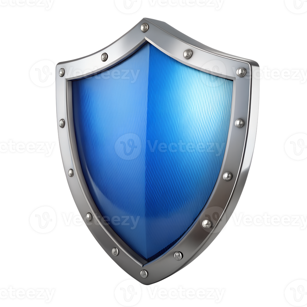 A Shiny Blue Metal Shield with Silver Trim and Rivets Protection and Security Concept isolated on white or transparent background png