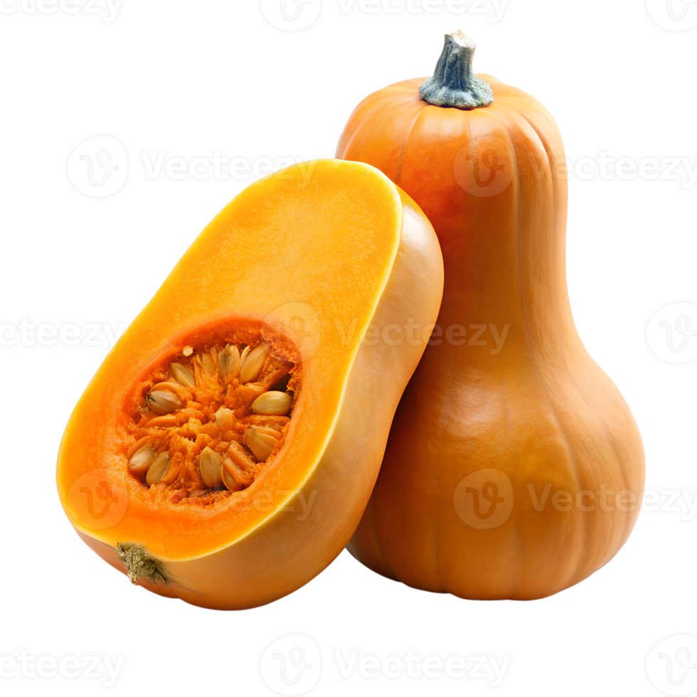 A vibrant butternut squash halved and whole showing seeds and flesh a delicious autumnal vegetable isolated on white or transparent background png