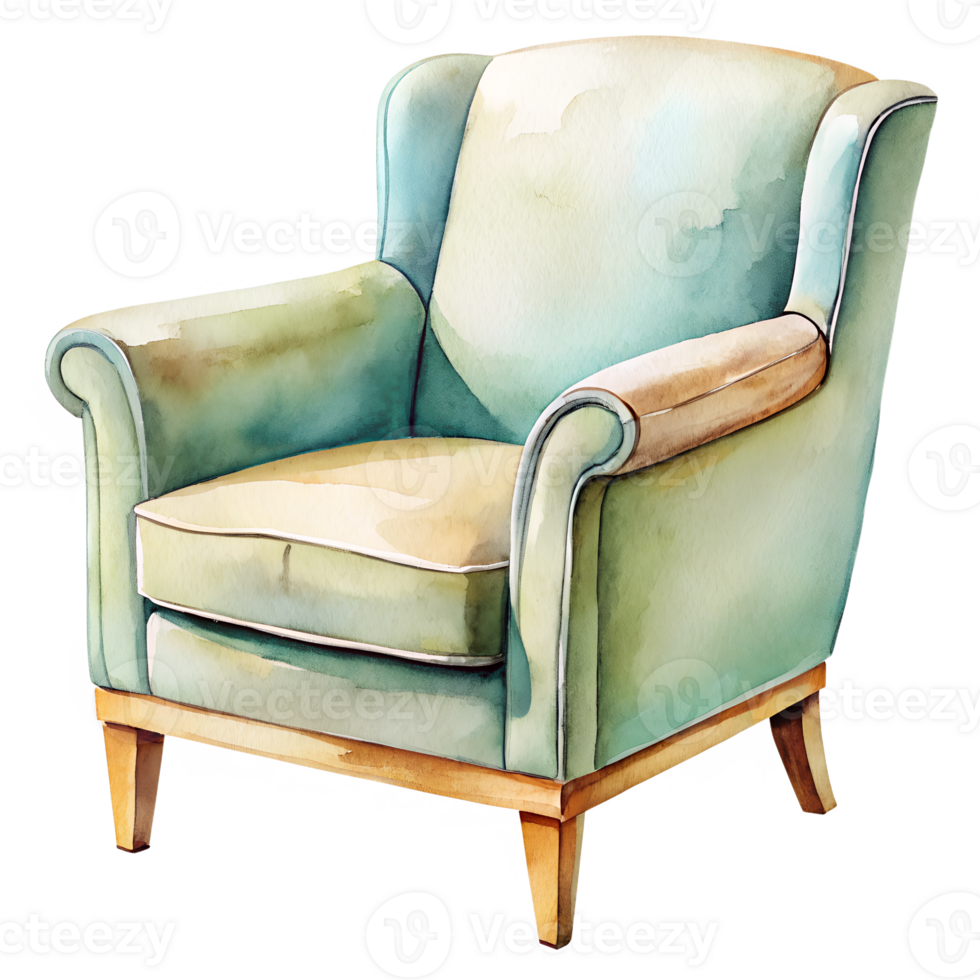 Elegant Watercolor Painting of a Vintage Armchair with Wooden Legs and Light Teal Upholstery isolated on white or transparent background png
