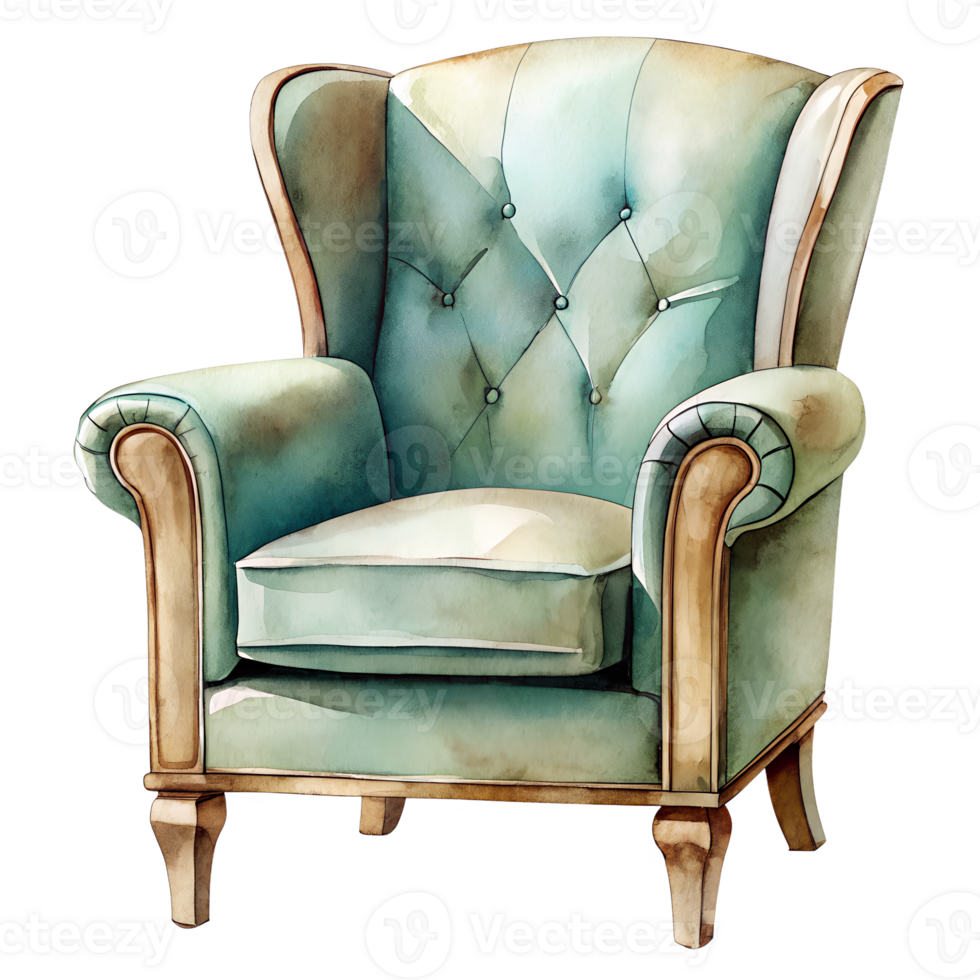Elegant Watercolor Painting of a Vintage Wingback Armchair isolated on white or transparent background png