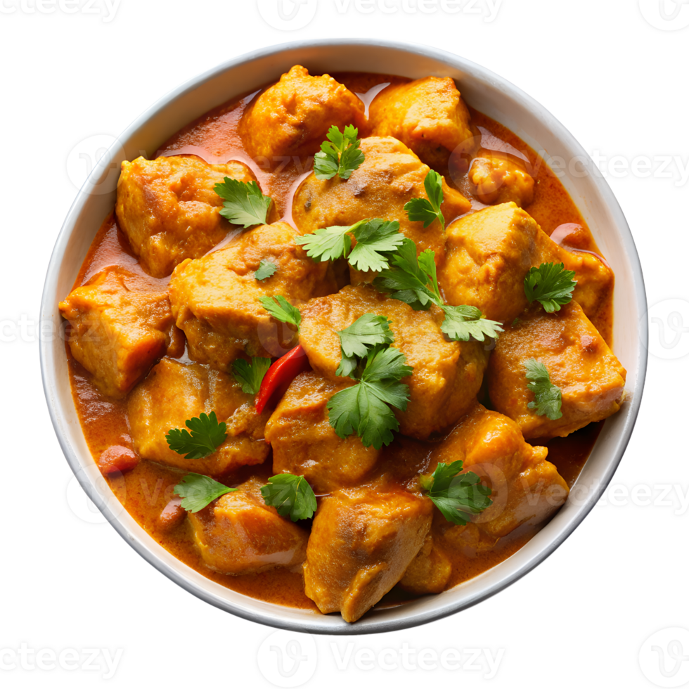 Delicious and Aromatic Chicken Tikka Masala in a Bowl Garnish with Fresh Parsley isolated on white or transparent background png