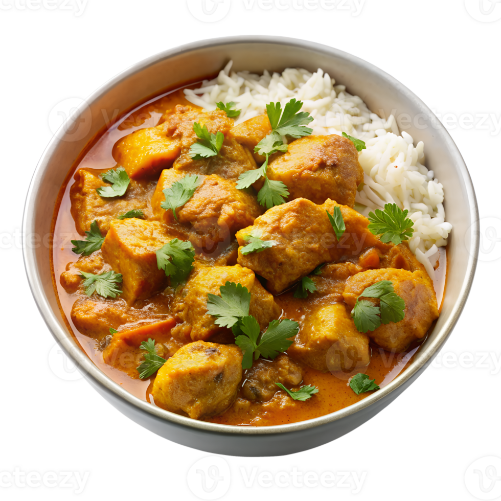 Delicious and Aromatic Chicken Tikka Masala with Fluffy Basmati Rice a perfect Indian Dish isolated on white or transparent background png