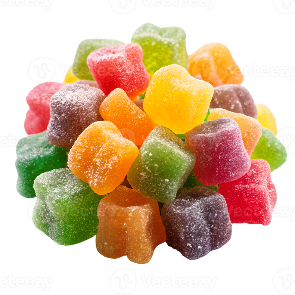 A Colorful Pile of Delicious Sugar Coated Jelly Cubes Candy isolated on white or transparent background png