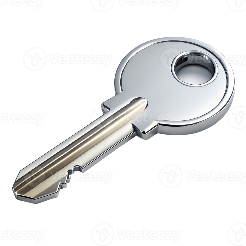 Shiny Chrome Key Illustration 3D Render High Resolution Metal Key Security Access Password Privacy Protection Digital Safeguard isolated on white or transparent background png