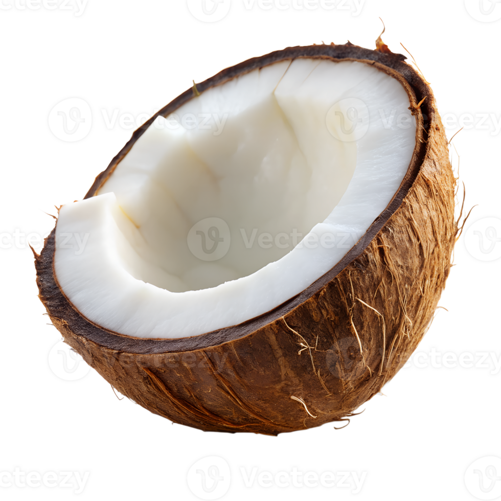 A Half of Fresh Coconut Showing White Flesh and Brown Husk Closeup Photography isolated on white or transparent background png