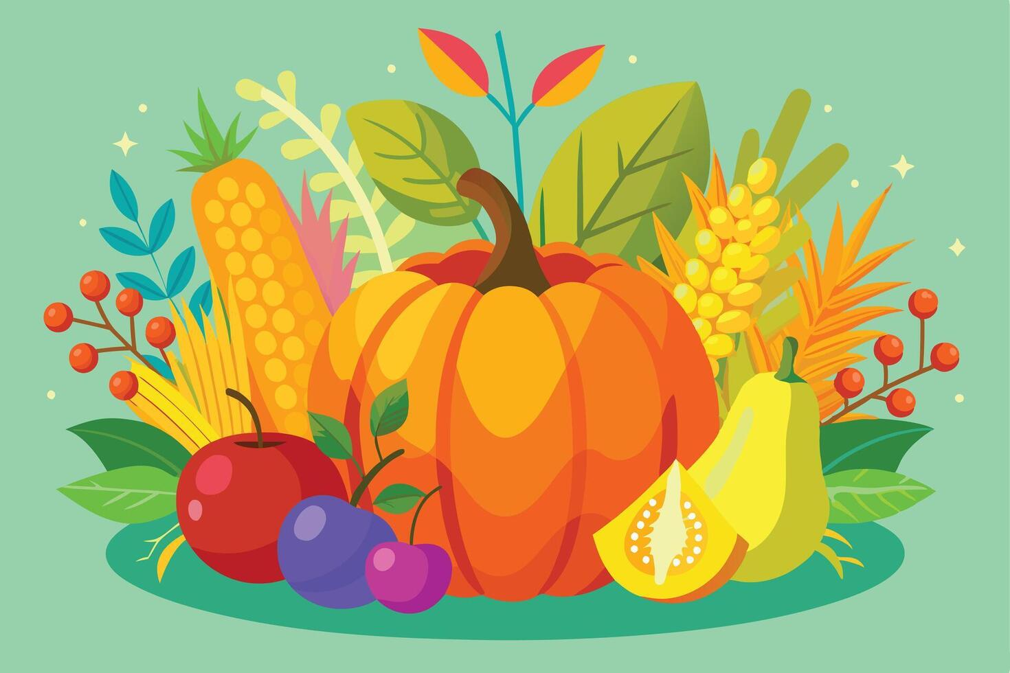 A vibrant Autumn Harvest Display of Pumpkins, Gourds, and Fruits vector