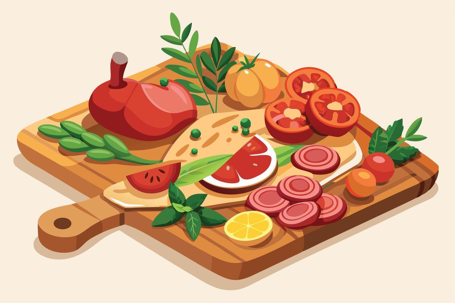 A colorful Variety of Fresh Fruits and Vegetables on a Wooden Cutting Board vector
