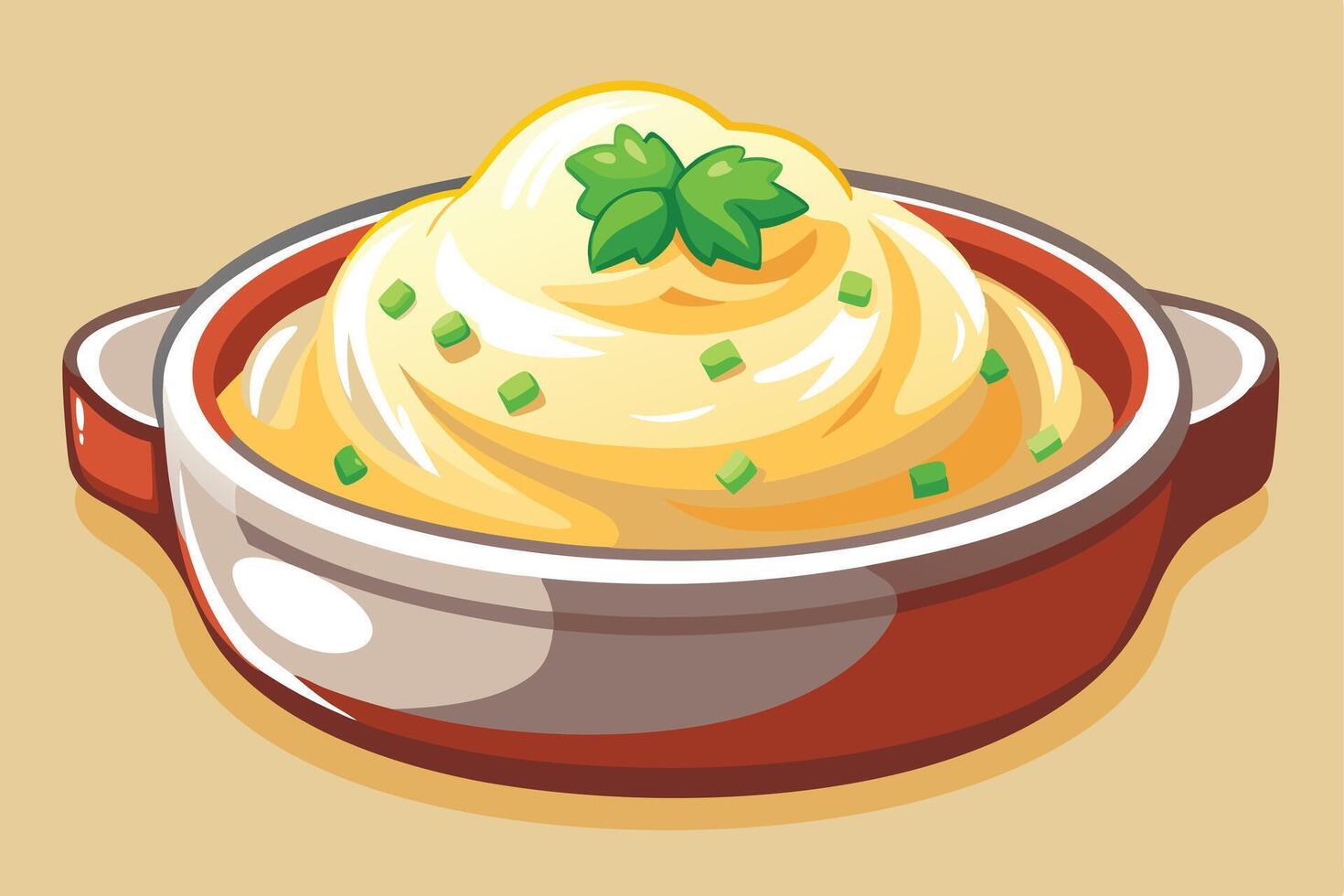 A creamy mashed potatoes in a bowl, garnished with green herbs. vector