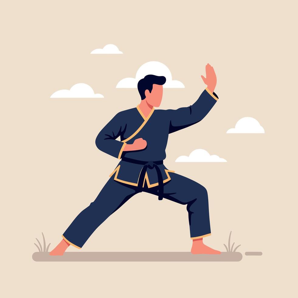 A martial artist in a striking pose wearing a dark uniform against a soft cloud background in flat illustration vector