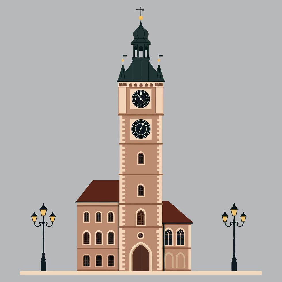 Detailed illustration of a historic clock tower in a flat design style with street lamps against a neutral background in art vector