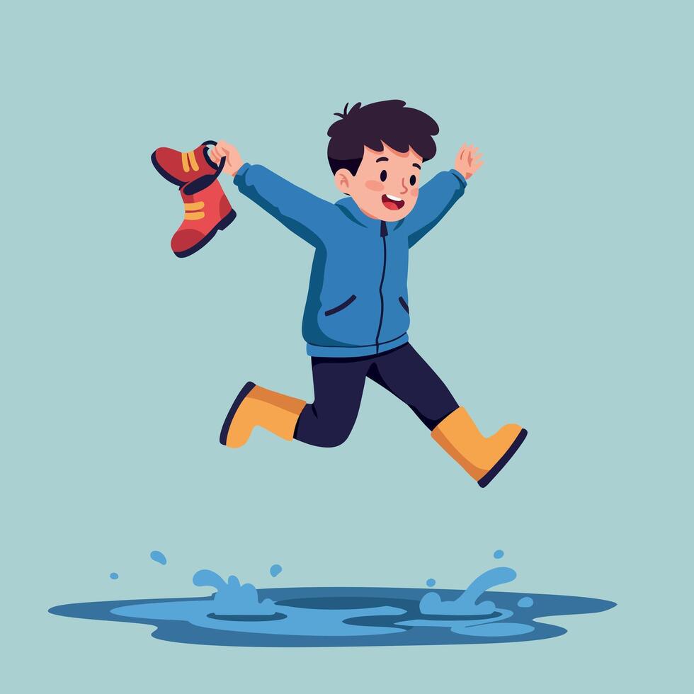 A cheerful boy wearing yellow rain boots and a blue jacket joyfully jumps over a puddle in a playful, minimal illustration vector