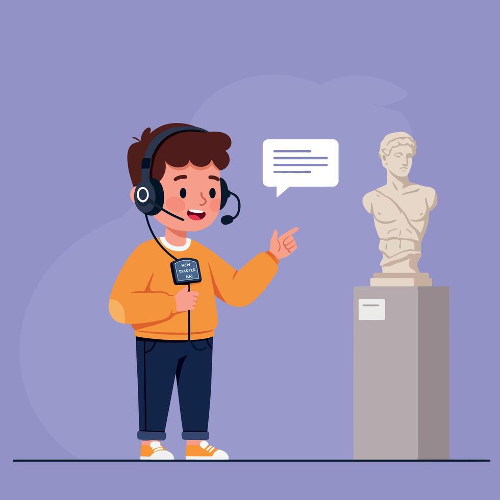 A cheerful young boy with headphones engagingly explaining a statue in a museum setting, designed in a flat and minimal style, illustration vector